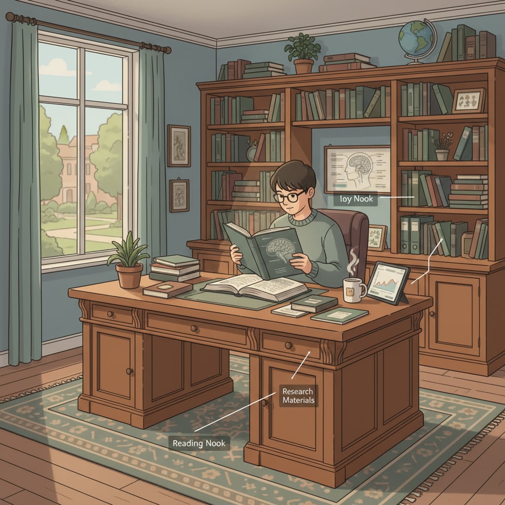 A student in a quiet study room concentrating on reading to improve cognitive abilities.