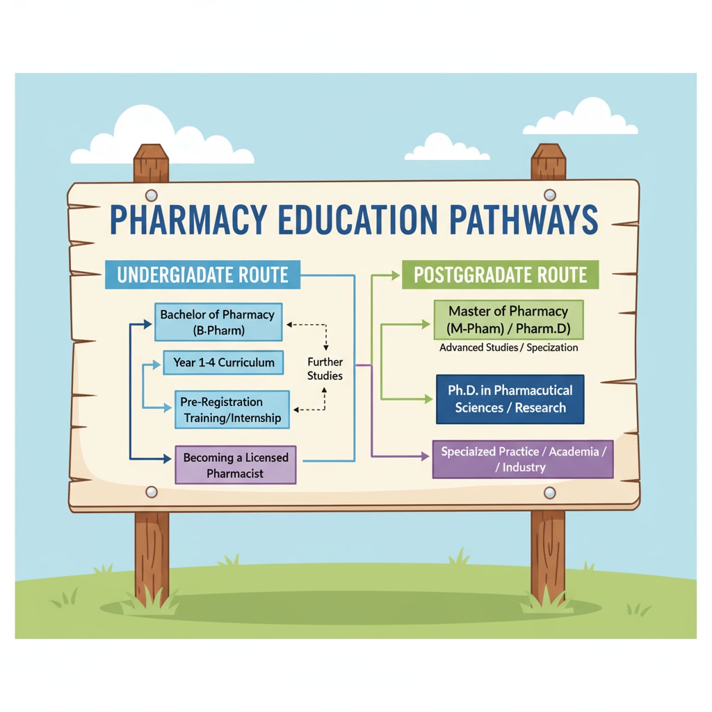Signboard showing education pathways relevant to UK pharmacy postgraduate entry.