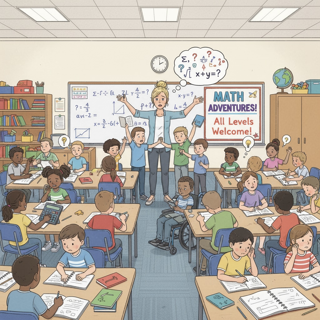 A classroom scene showing teacher shortage challenges in math education with students being diverted.