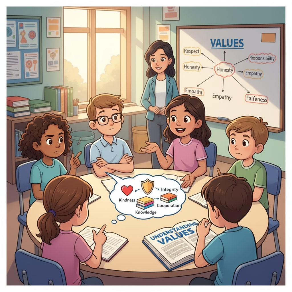 K12 students discussing moral views, value divergences, and common guidelines in a classroom