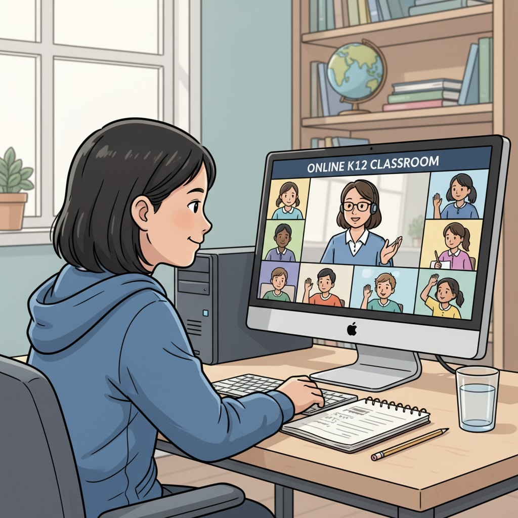 A student attending an online K12 class, highlighting the self-discipline required in online learning and the lack of traditional campus experience.