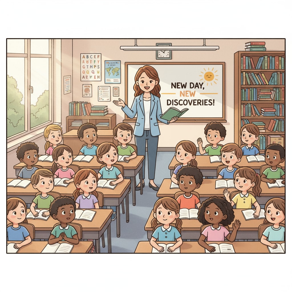 A young teacher starting her day in the classroom, contributing to education profession, system reform, and teacher development