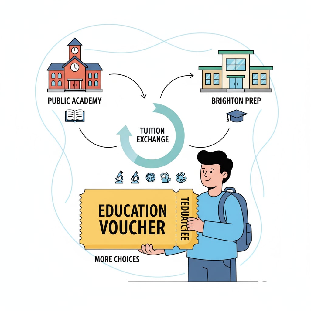 Illustration of how education vouchers work in the framework of education reform and school choice