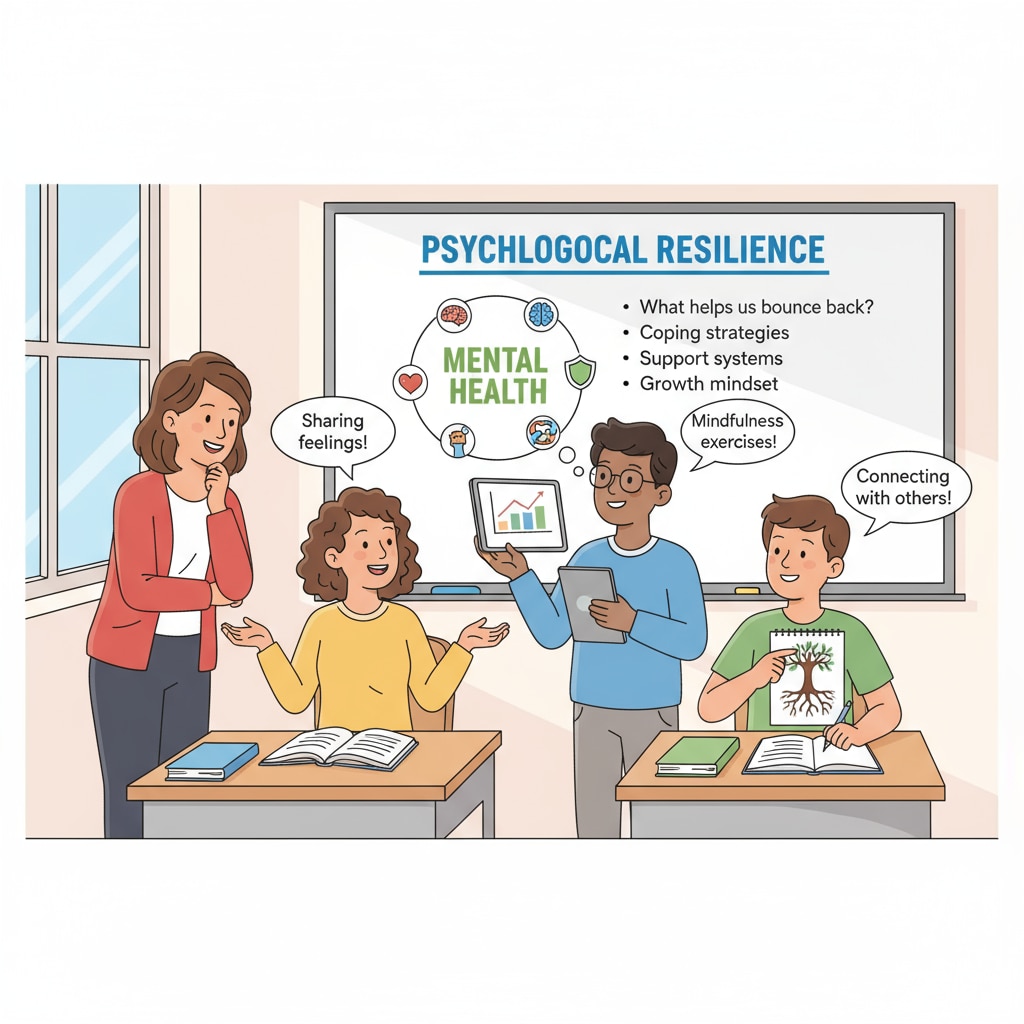 Classroom scene of students and teachers discussing for psychological resilience education