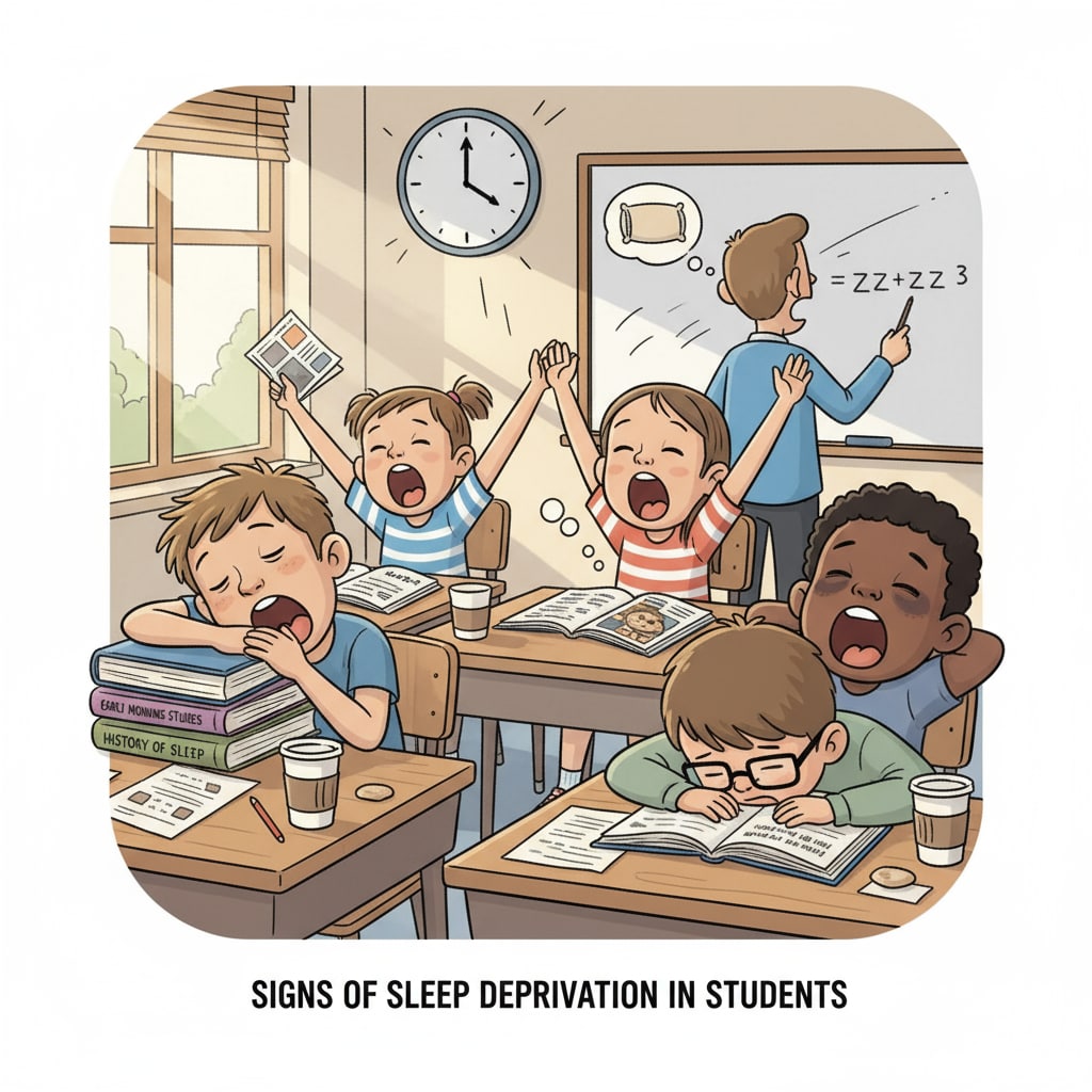 Tired K12 students in the classroom suffering from sleep deprivation, which is related to mental health and school control.