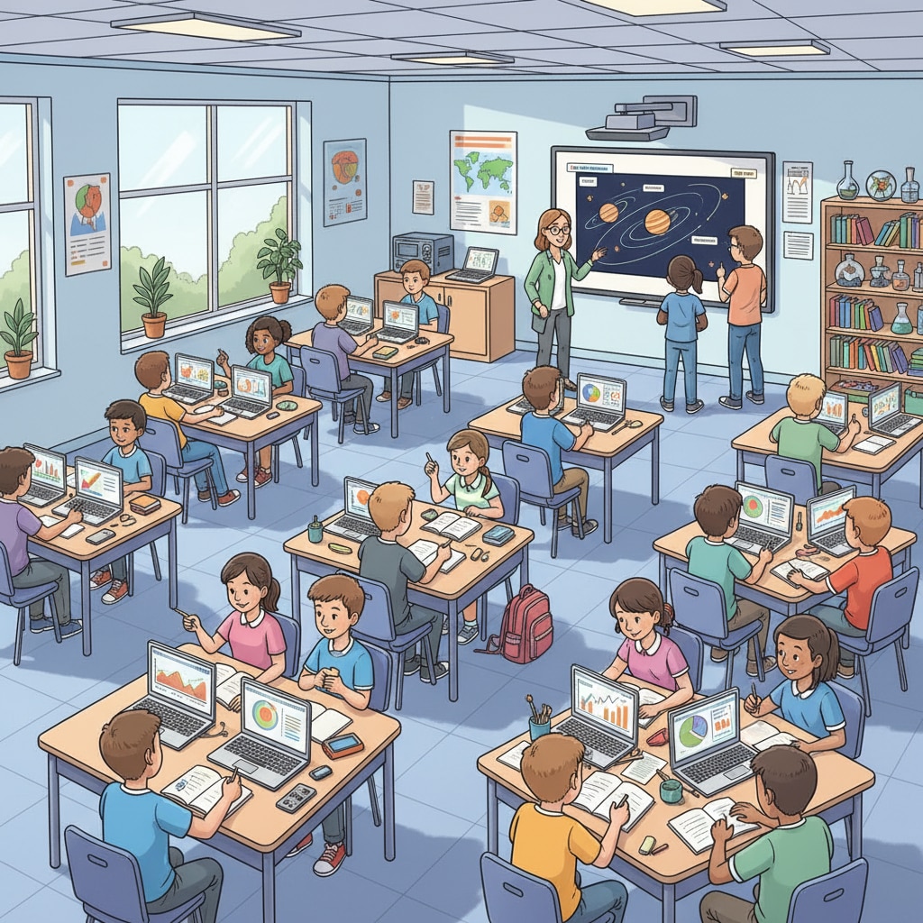 A modern classroom setup in an educational environment for teenagers, demonstrating architectural design features.