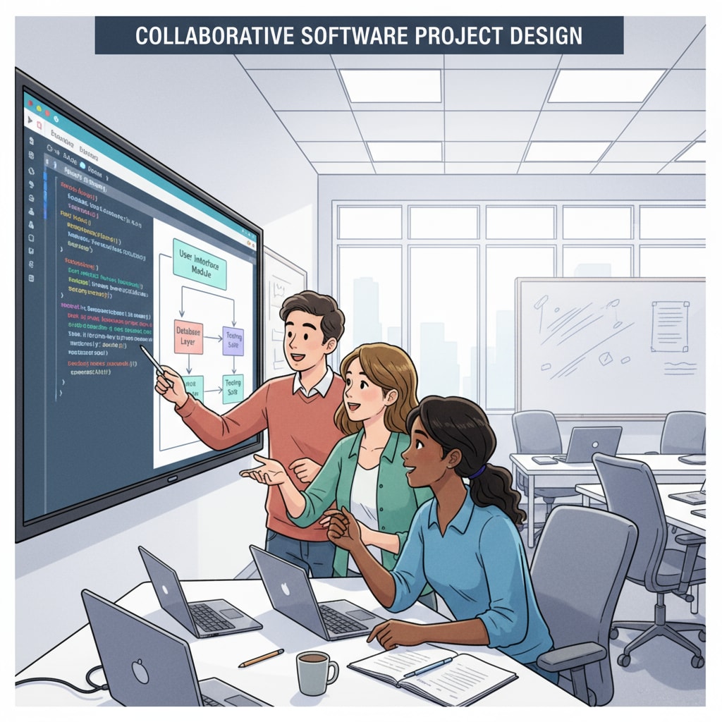 Students discussing software engineering projects in a classroom, related to college majors, math ability, software engineering, and employment prospects