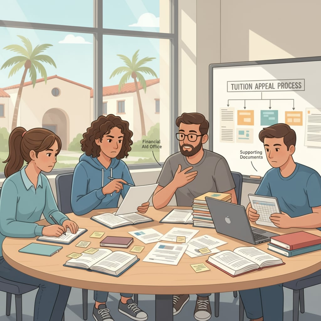 Students discussing tuition appeal, resident status, and AB-540 form at California community college