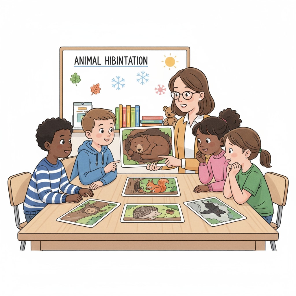 Kids exploring pictures of hibernating animals in an animal adaptation day camp