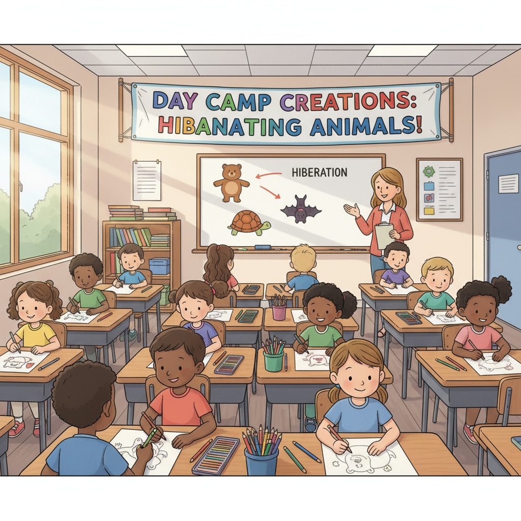 Children drawing pictures of hibernating animals during an animal adaptation day camp
