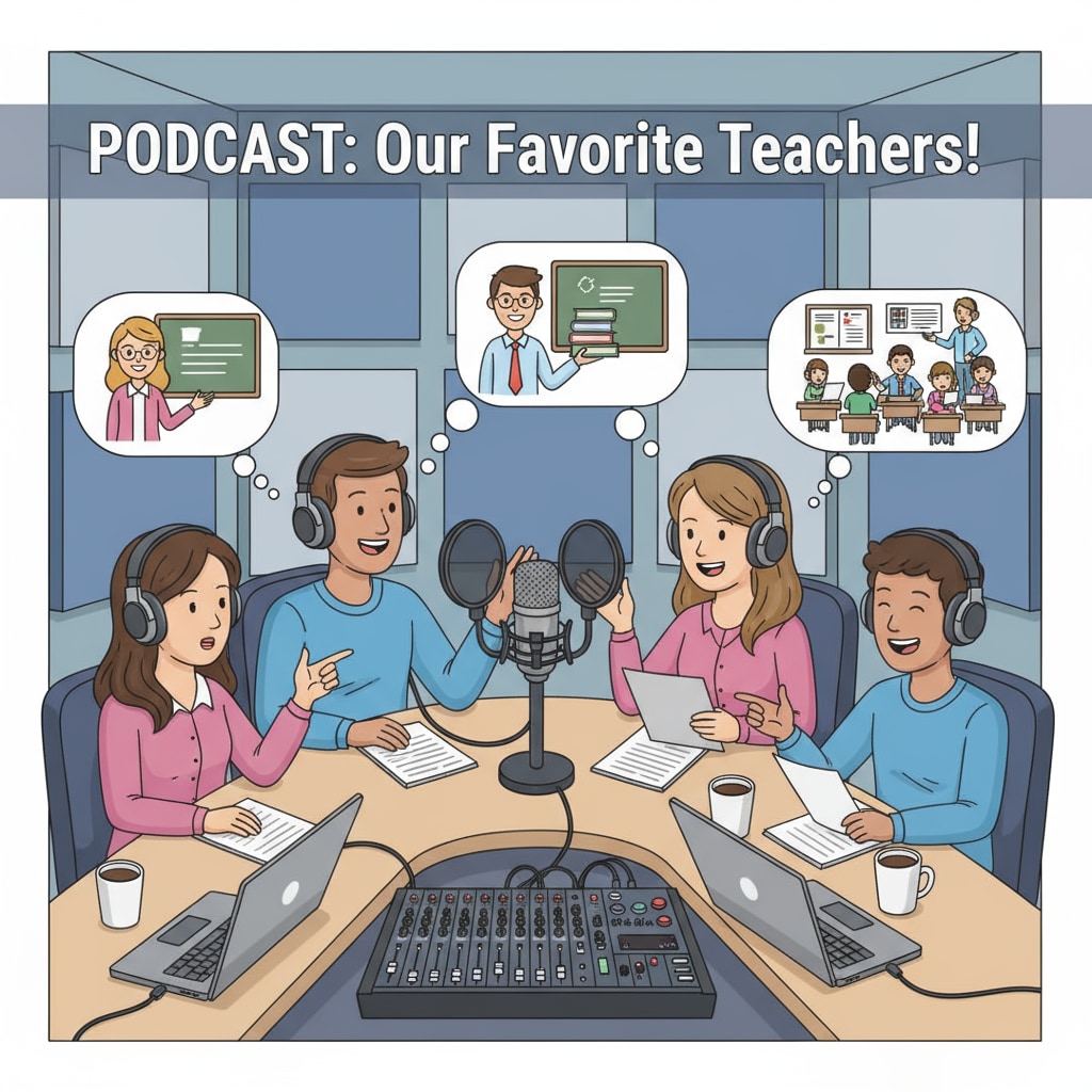 People recording a podcast about their favorite teachers