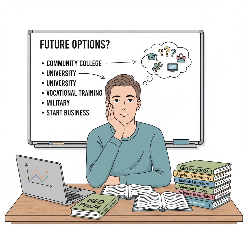 A student considering GED testing, high school credits, and community college options