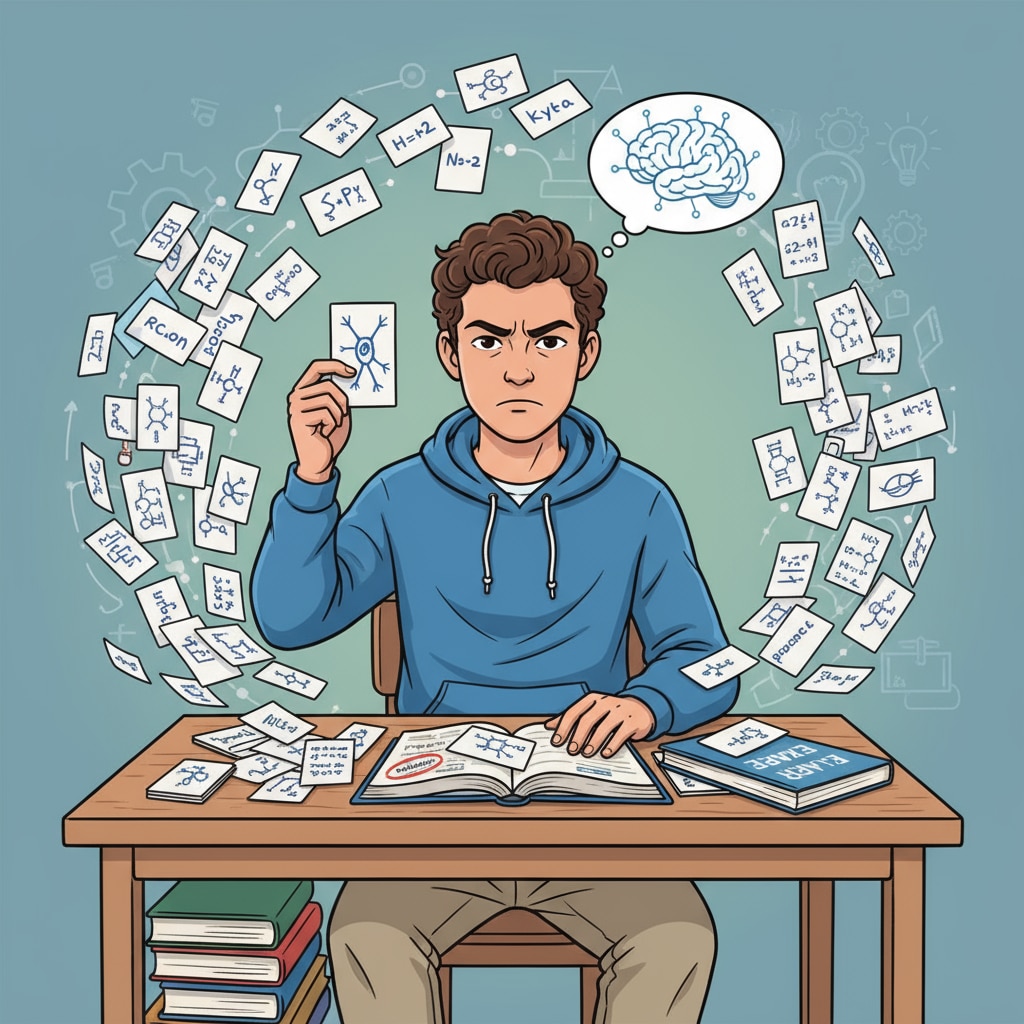 A student using flashcards to memorize for a test relevant to standardized testing and critical thinking development