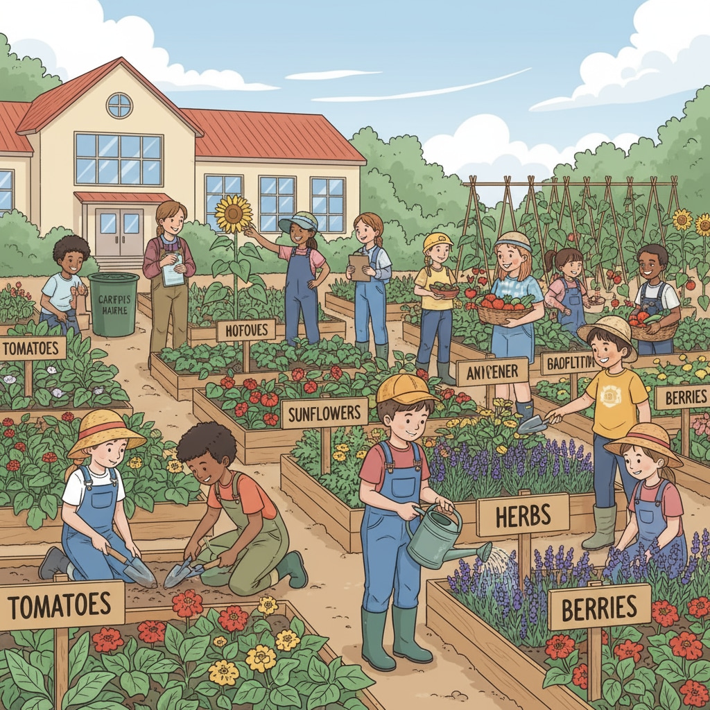 School garden as an educational tool for interdisciplinary learning with students engaged.