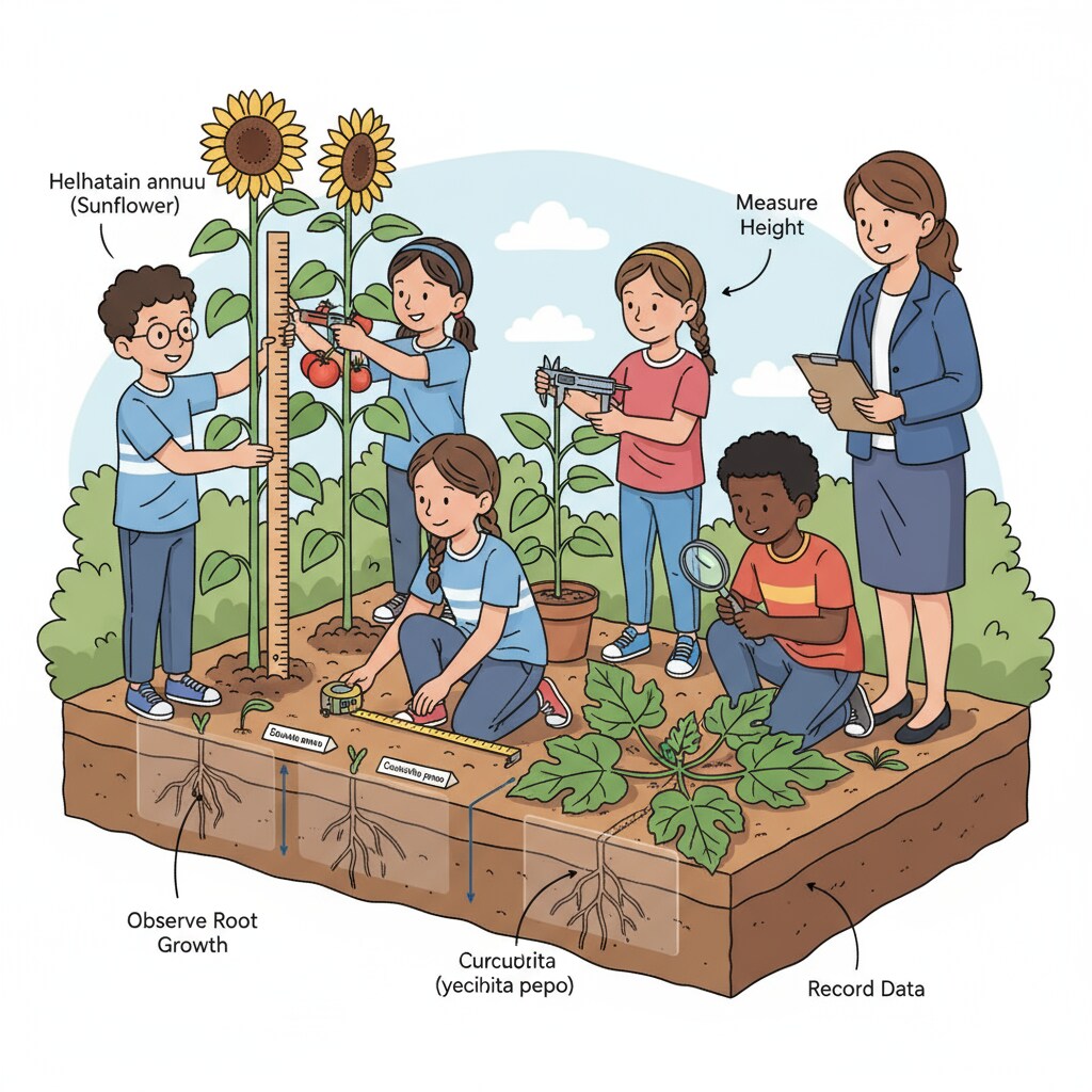 Students applying mathematical concepts in the school garden for interdisciplinary learning.