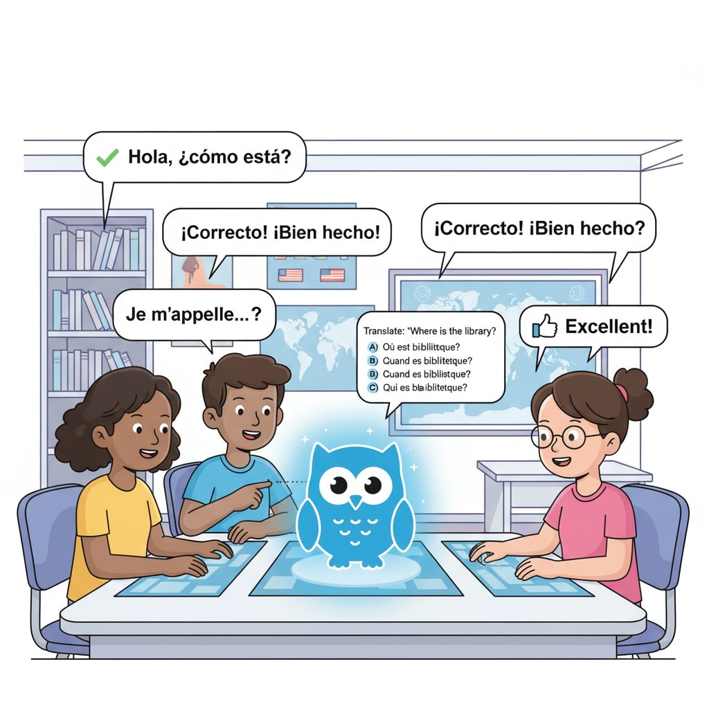 Students engaging with an AI language learning tool for educational applications and learning assistance