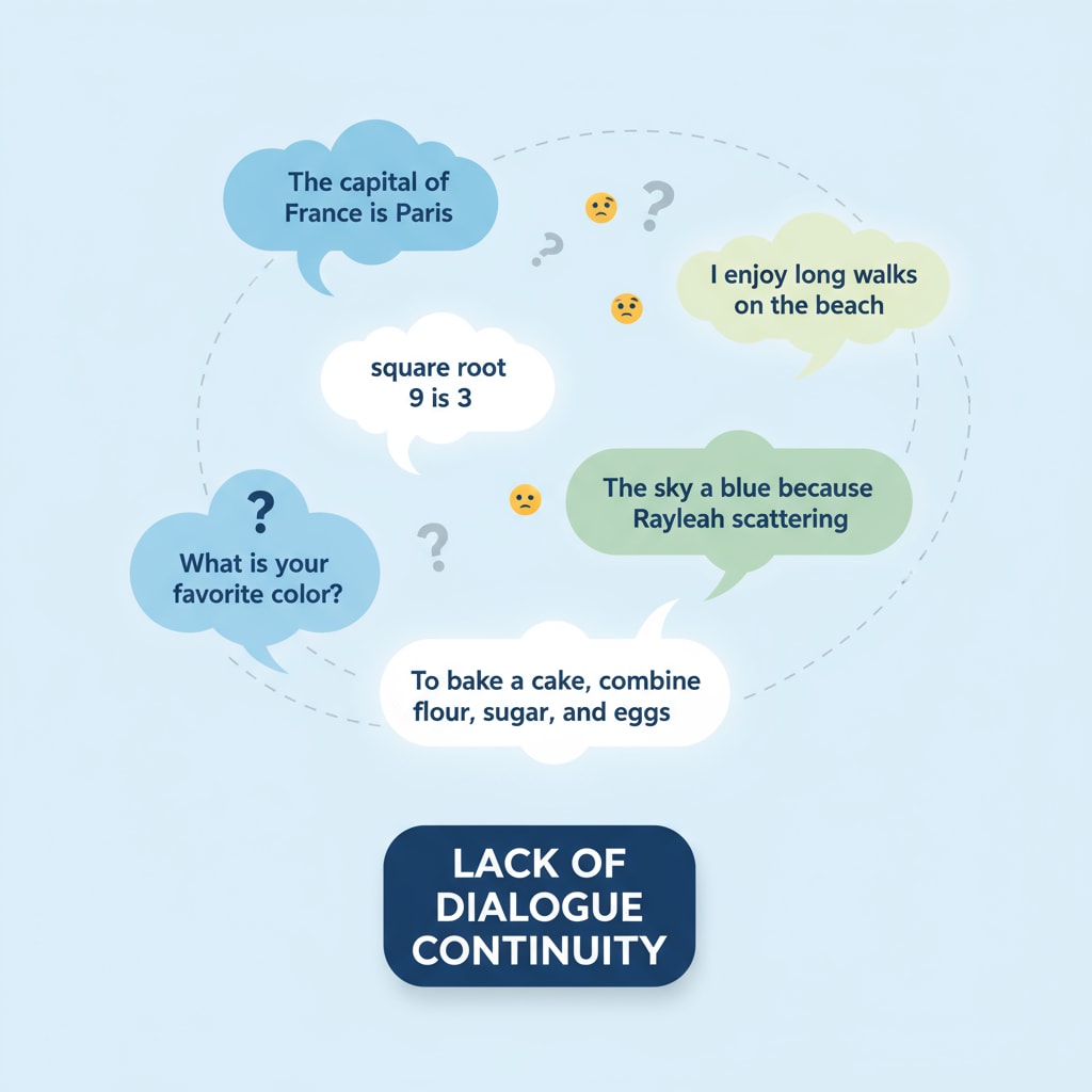 Graphic showing the lack of dialogue continuity in ChatGPT's responses, highlighting its educational limitations