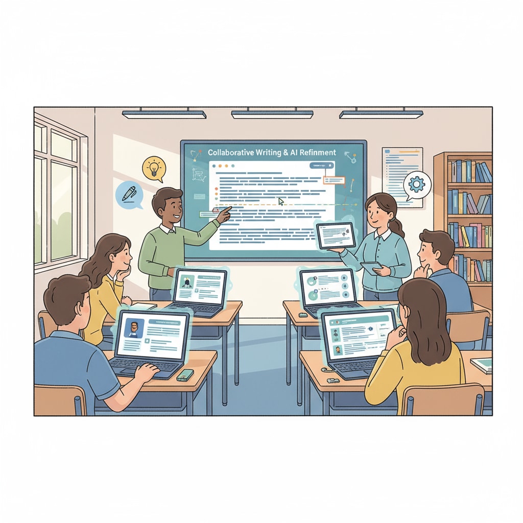 Students collaborating on writing skills development in an AI-assisted classroom