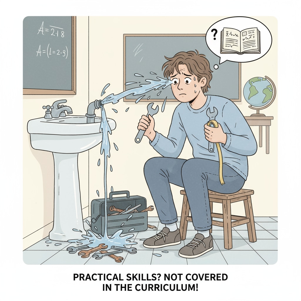 Young adult struggling with a leaky faucet due to lack of school - learned practical skills
