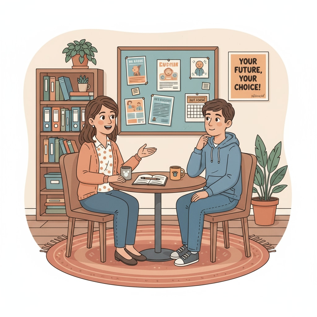 A school counselor chatting with a student in the education system, demonstrating their duty of providing support.