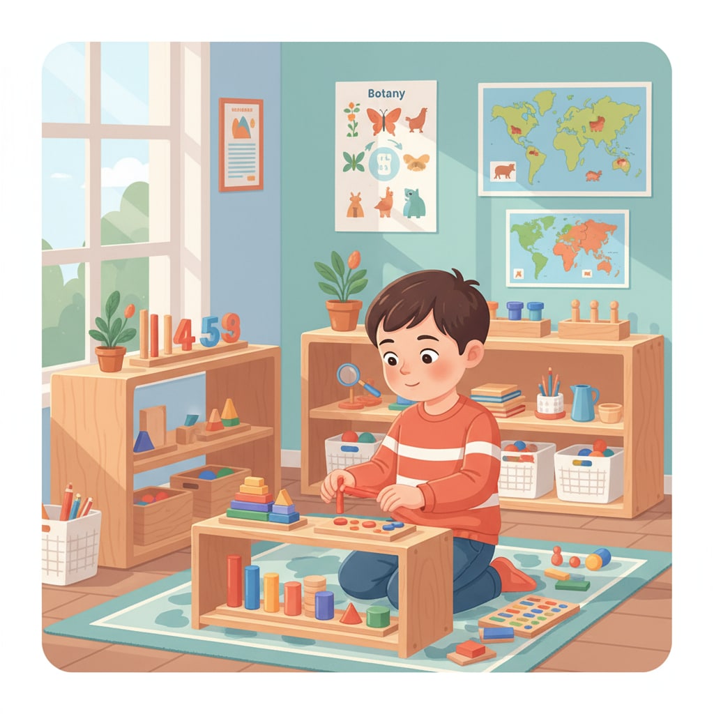 A highly gifted 2e child exploring learning materials in a Montessori classroom during school transition