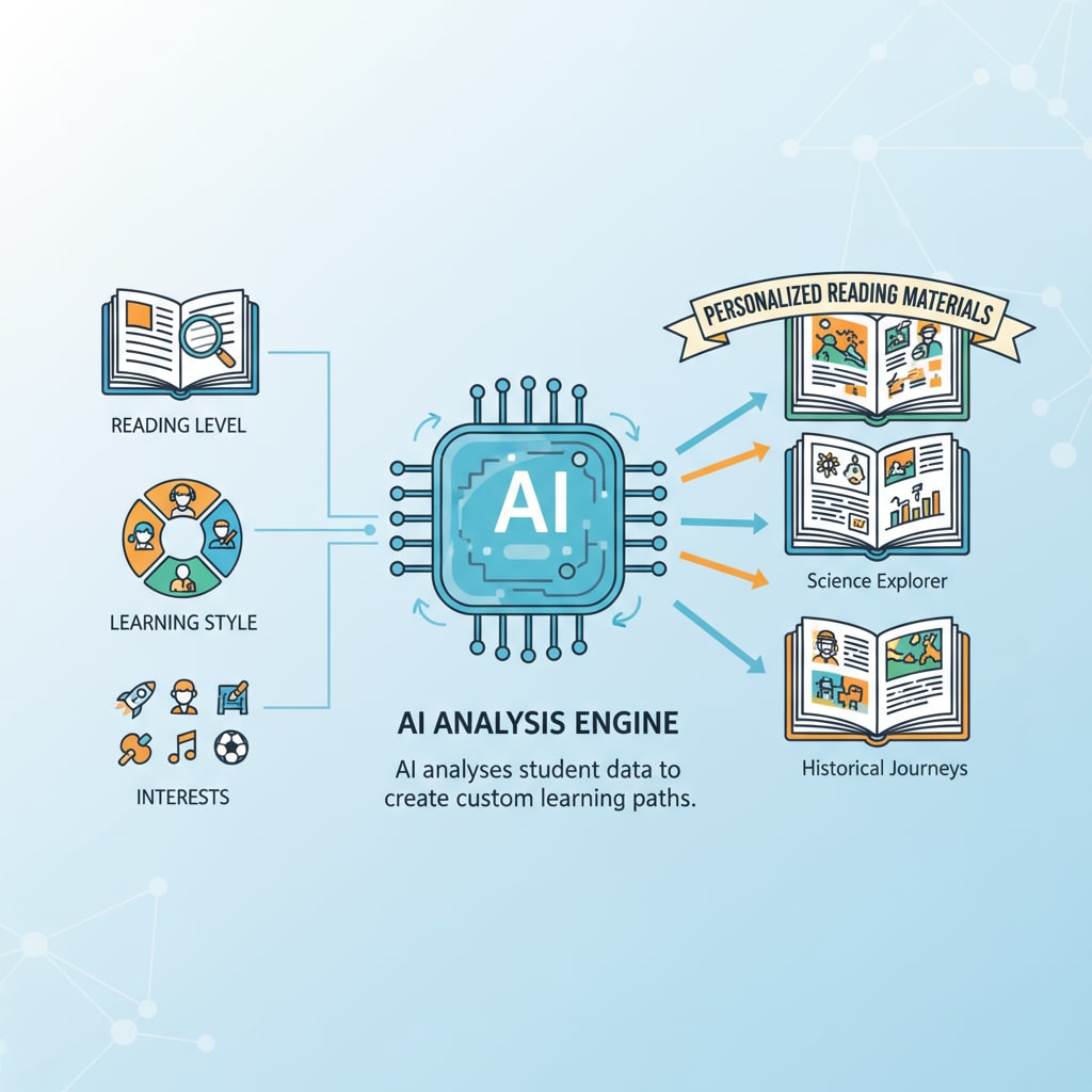 Graphic depicting AI's role in creating personalized decodable reading materials for educational application