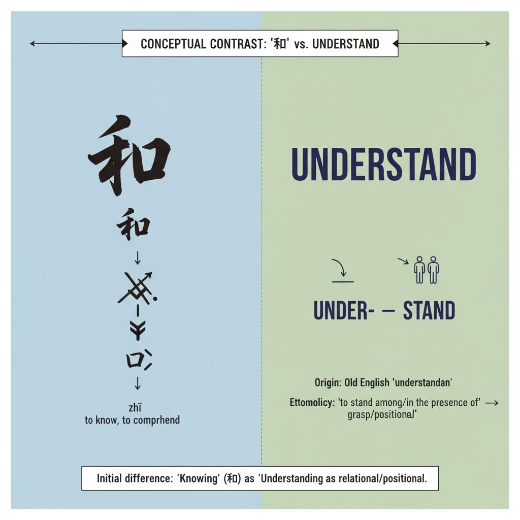 Visual comparison of '知' and 'understand' highlighting language differences, cultural thinking, knowledge and wisdom