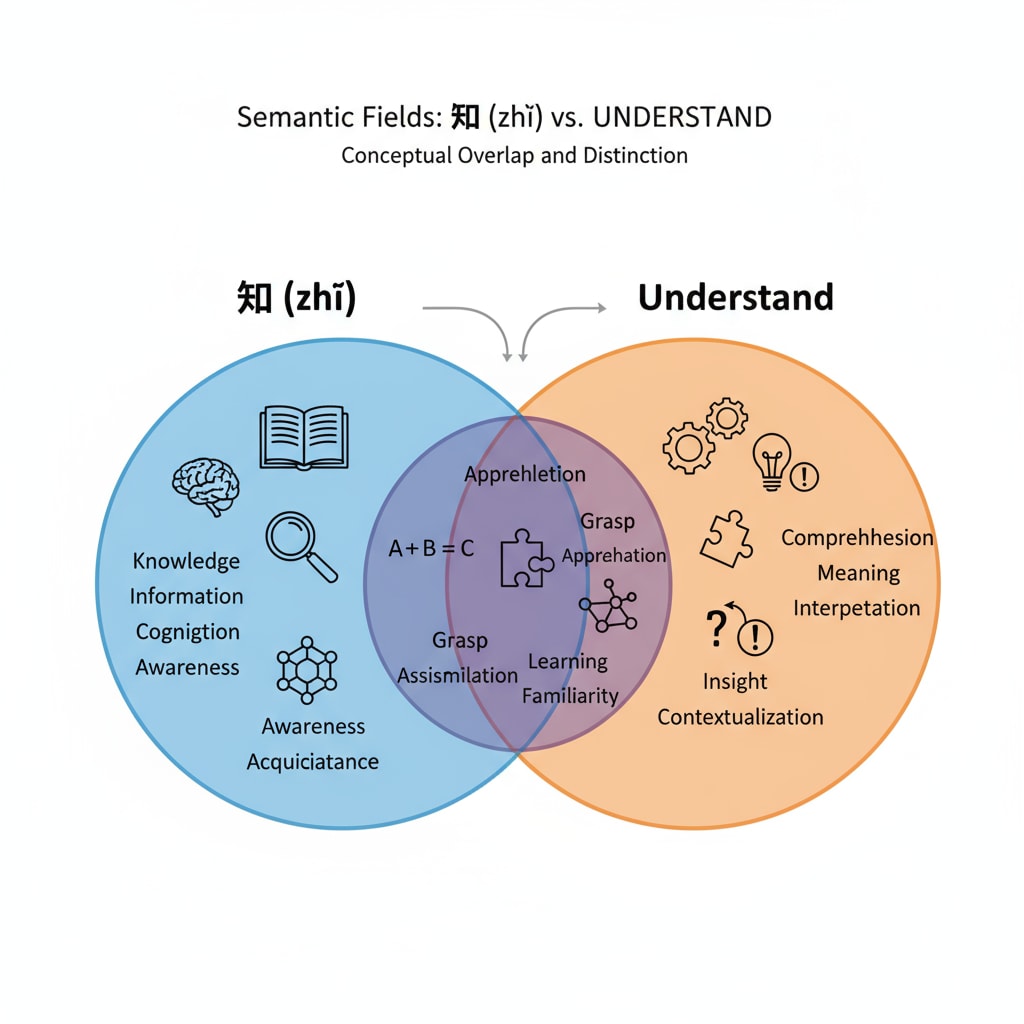 Diagram of semantic fields of '知' and 'understand' related to language differences, cultural thinking, knowledge and wisdom