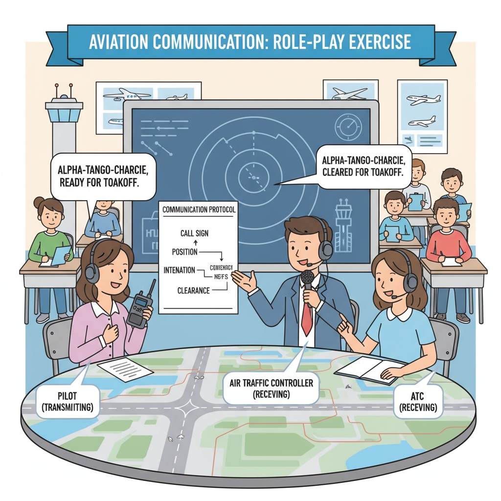 Students practicing aviation communication for developing pilot skills