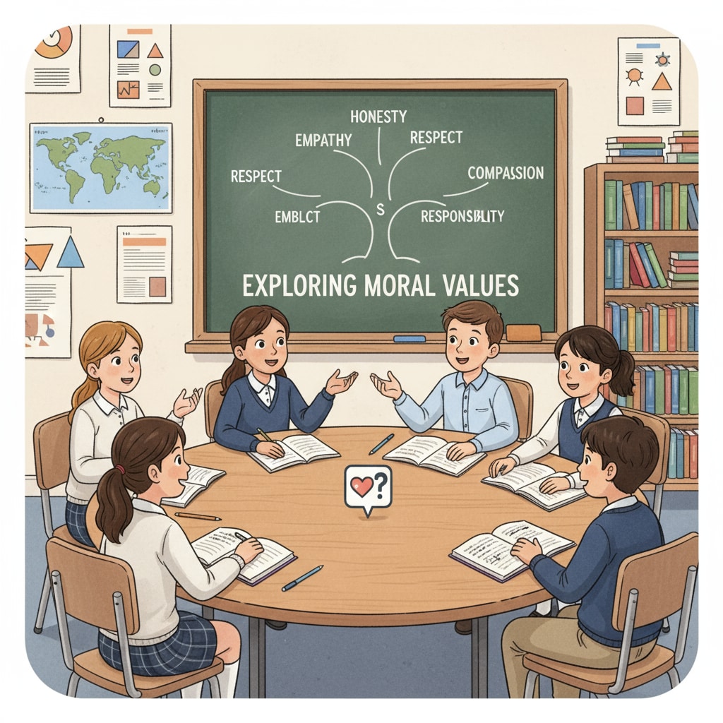 Students discussing moral values as part of ethical and moral courses in the K12 education reform