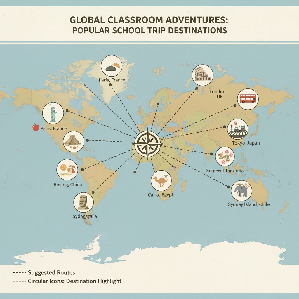 Map of popular overseas destinations for school trips by travel companies