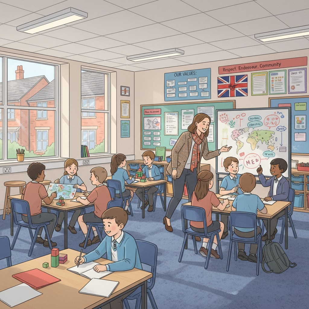 A classroom in a British school related to the British education system, curriculum reform, and student assessment methods