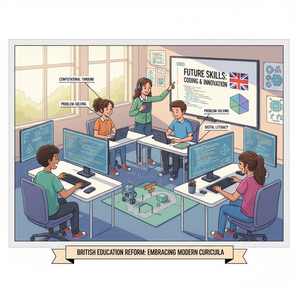Students working on a coding project relevant to the British education system, curriculum reform, and student assessment methods