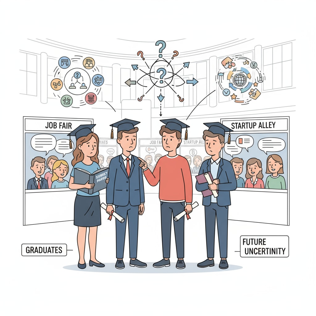Graduates lost and confused at a job fair, showing the impact of educational purpose, social pressure, and life choices