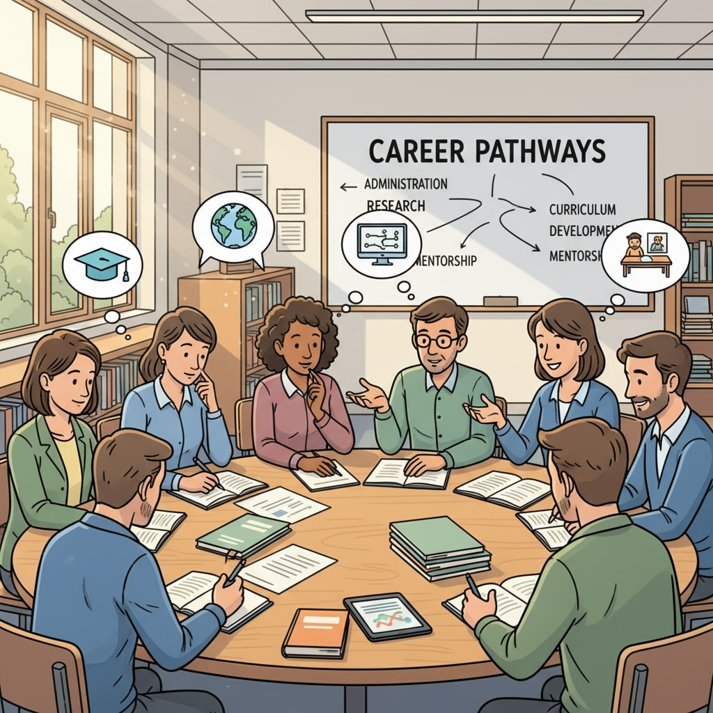 Educators discussing school psychology and administrative career choices in a school