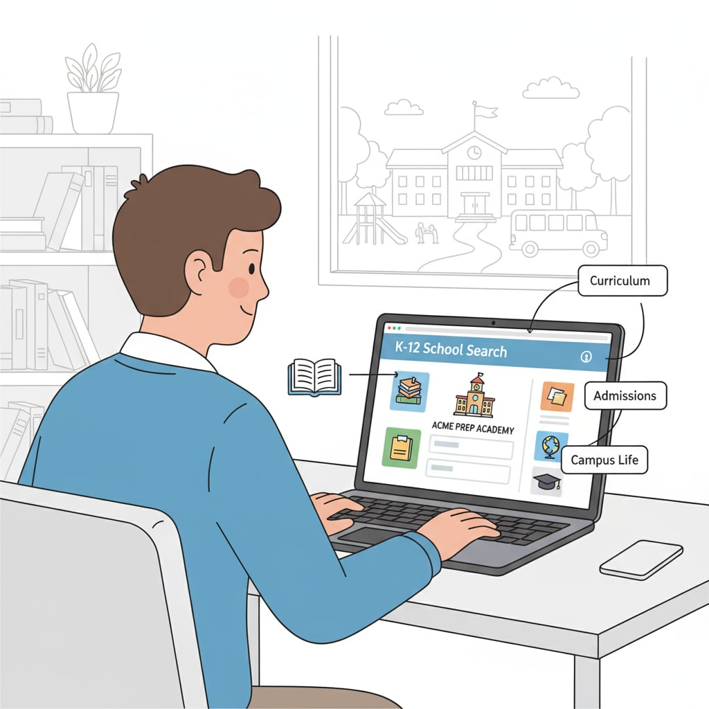 A person researching a K12 school to prepare for an interview, enhancing communication skills.