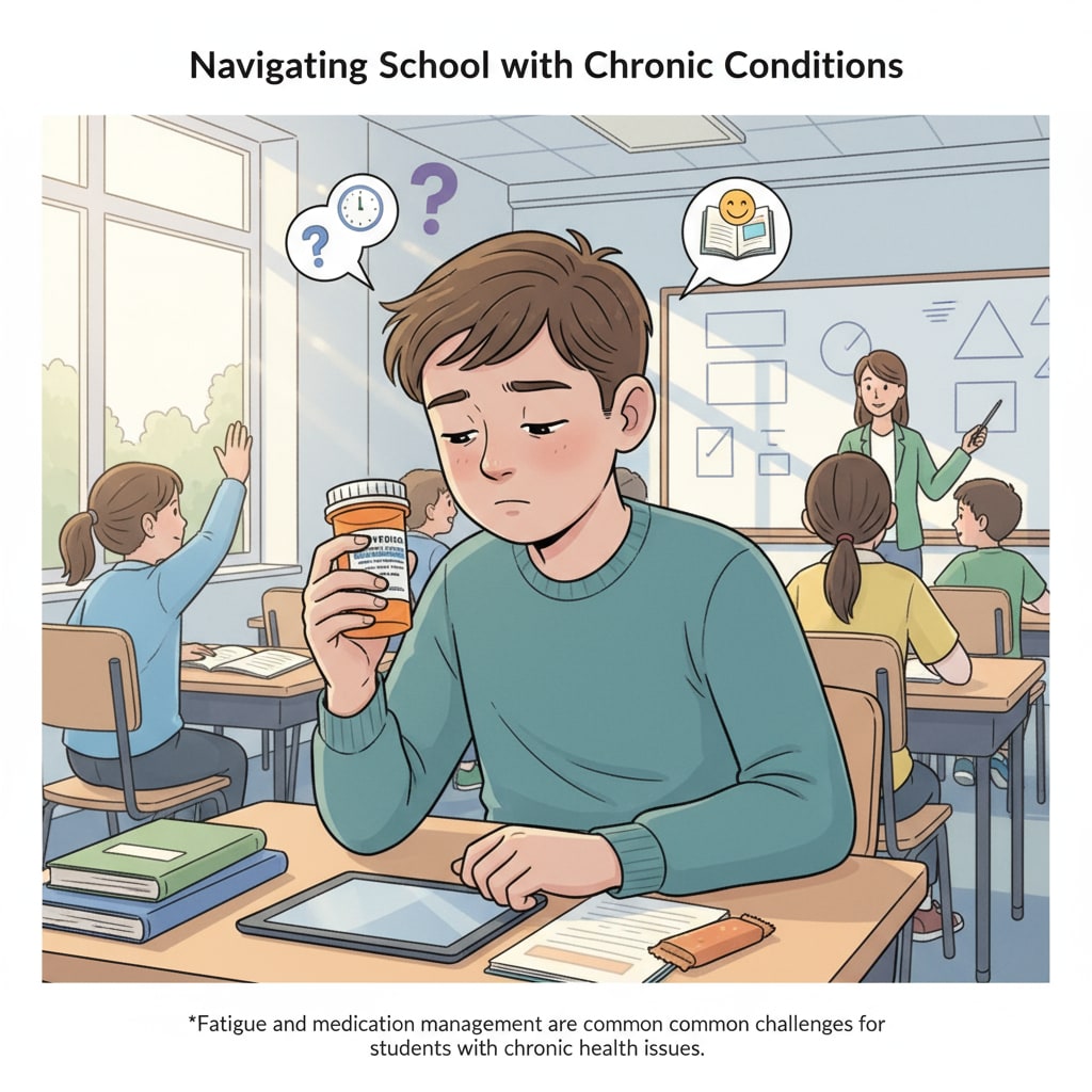 Teenager with chronic disease in a classroom facing challenges related to high school graduation and considering GED.