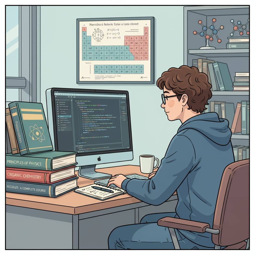 A software engineering student considering a transition to hard sciences, with a computer and hard science books in the frame.