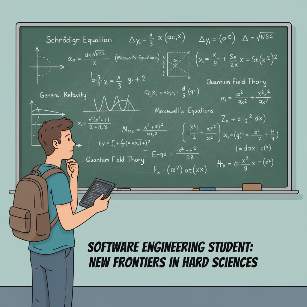 A person looking at hard science equations on a whiteboard, symbolizing the educational hurdles in the transition from software engineering to hard sciences.