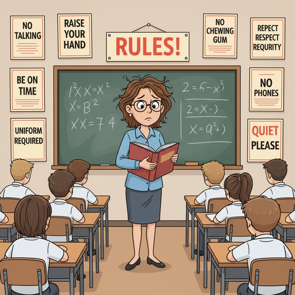 A stressed teacher in a classroom filled with micro - management elements