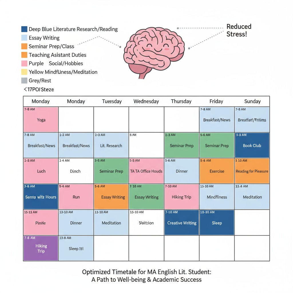 Time management calendar for a master's student in English literature to manage stress