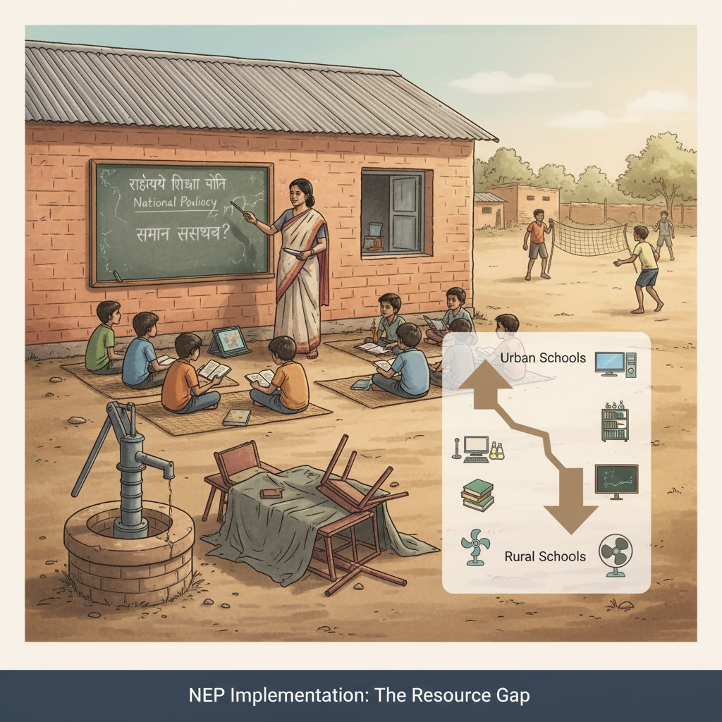 A rural school in India showing limited resources during the implementation of the NEP education policy