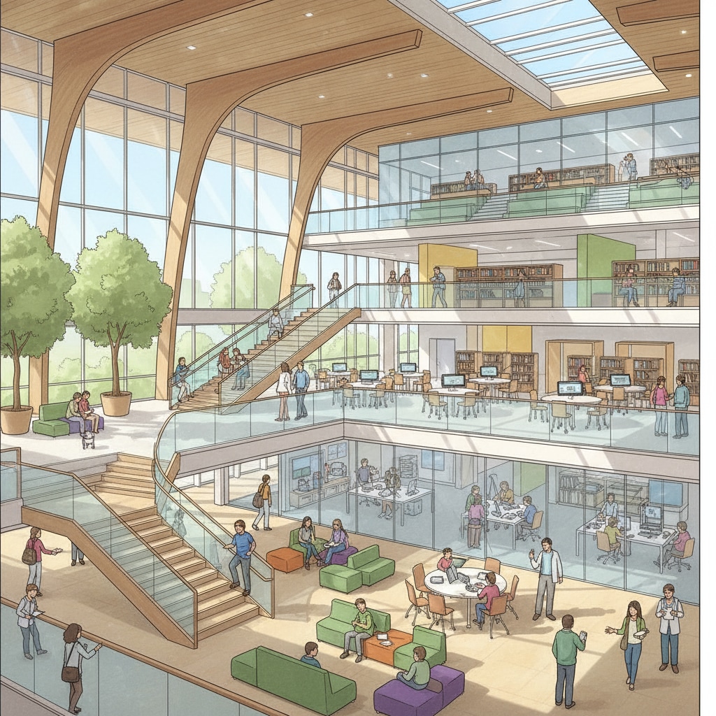 Modern K-12 school building with open spaces and natural light related to architectural design for educational spaces considering teenager interests