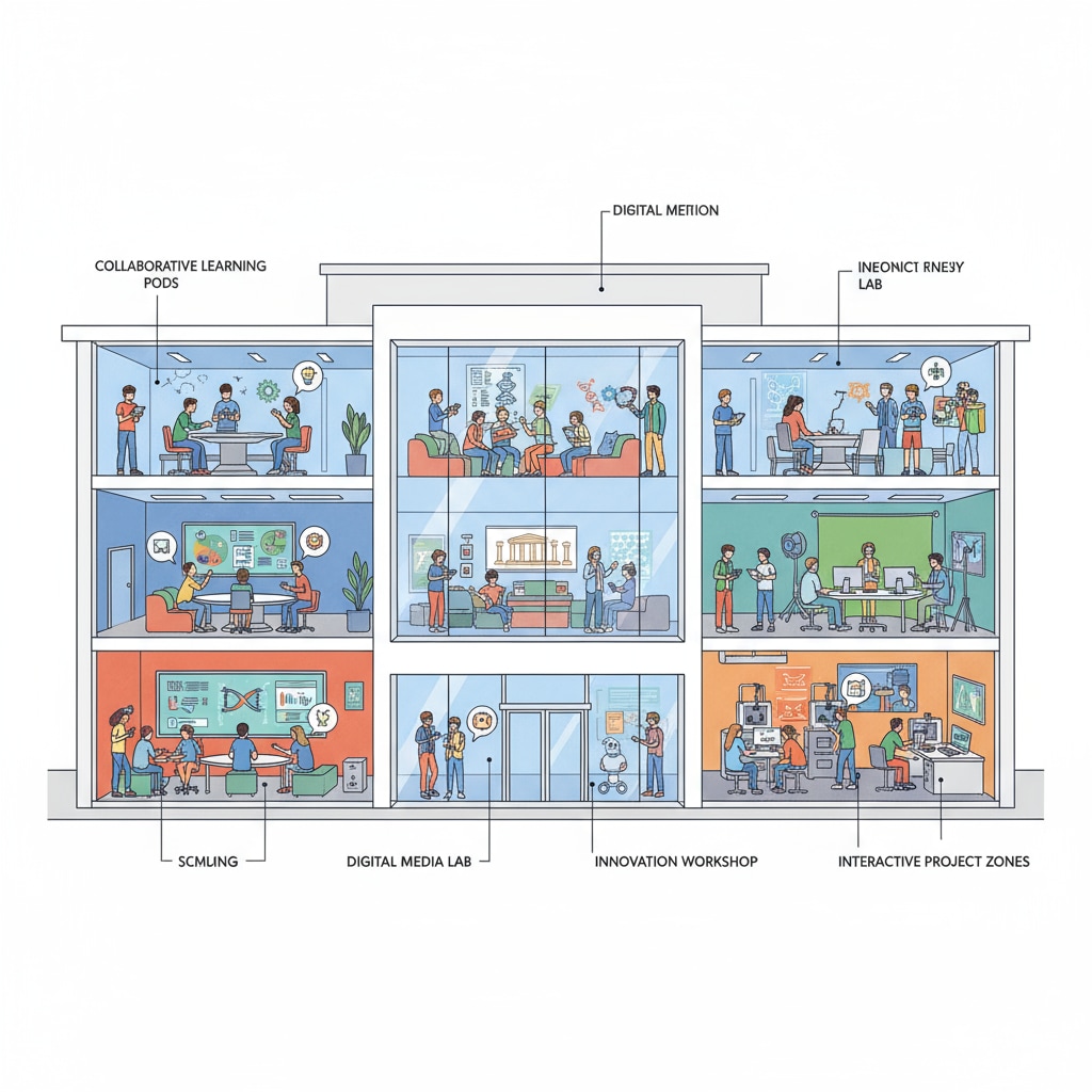 K-12 school with collaborative learning spaces and modern technology facilities for architectural design meeting teenager interests in educational spaces
