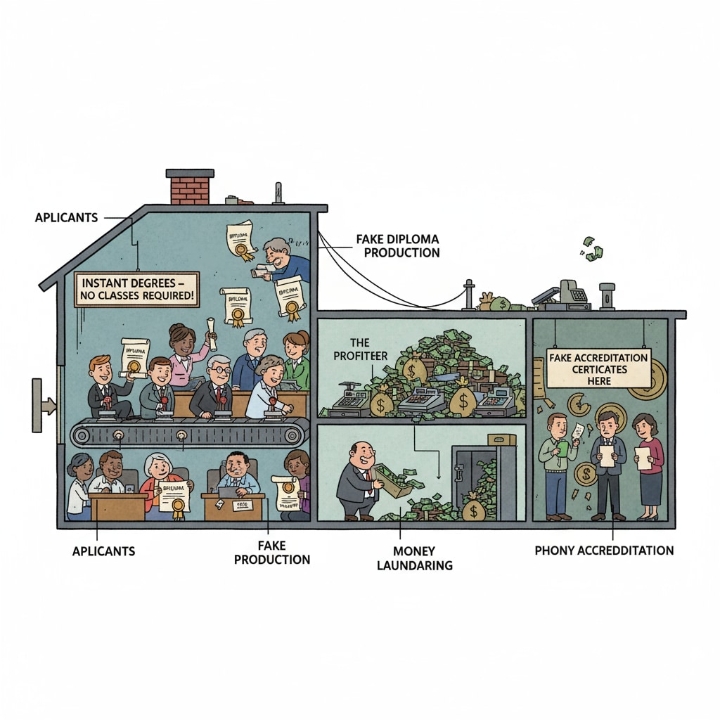 Diploma mill illustration related to educational fraud, Schiller International University, GEDU