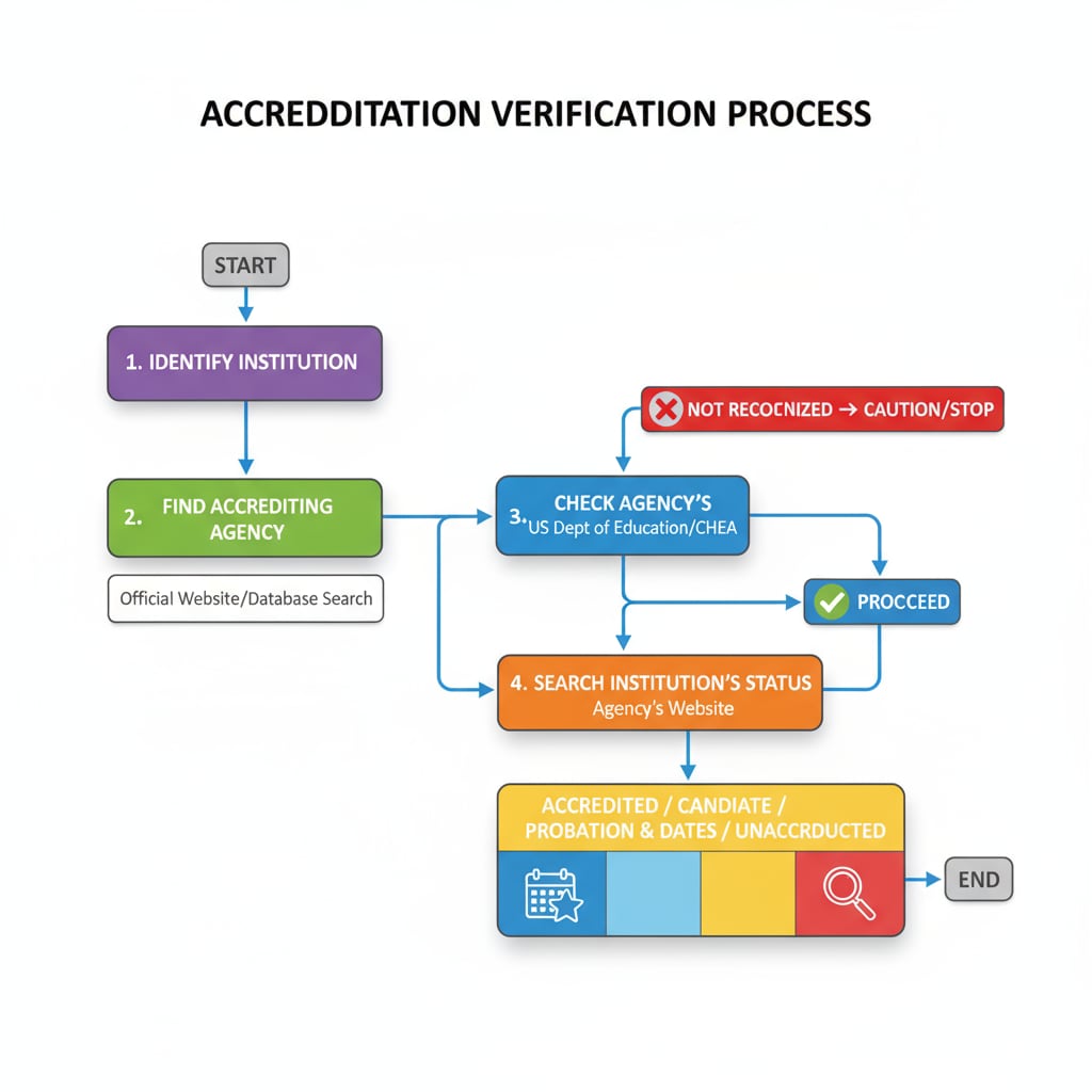 Graphic showing accreditation checking process related to educational fraud, Schiller International University, GEDU