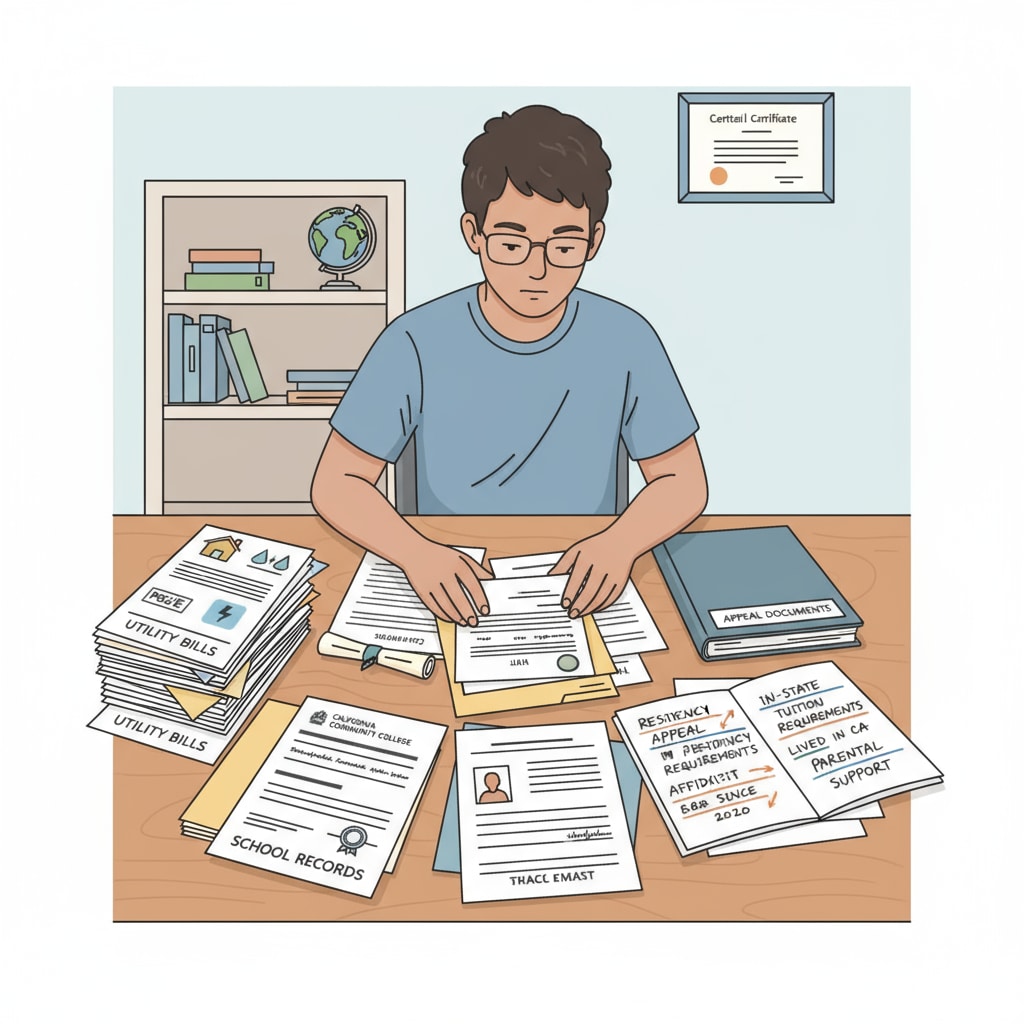 Student organizing appeal documents for California Community Colleges in-state tuition