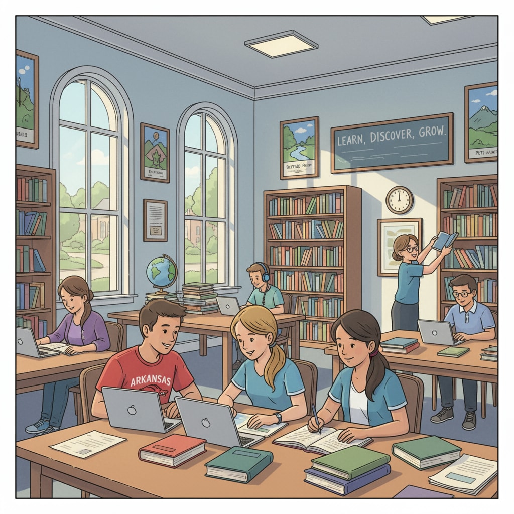 Students in an Arkansas school library for education quality improvement