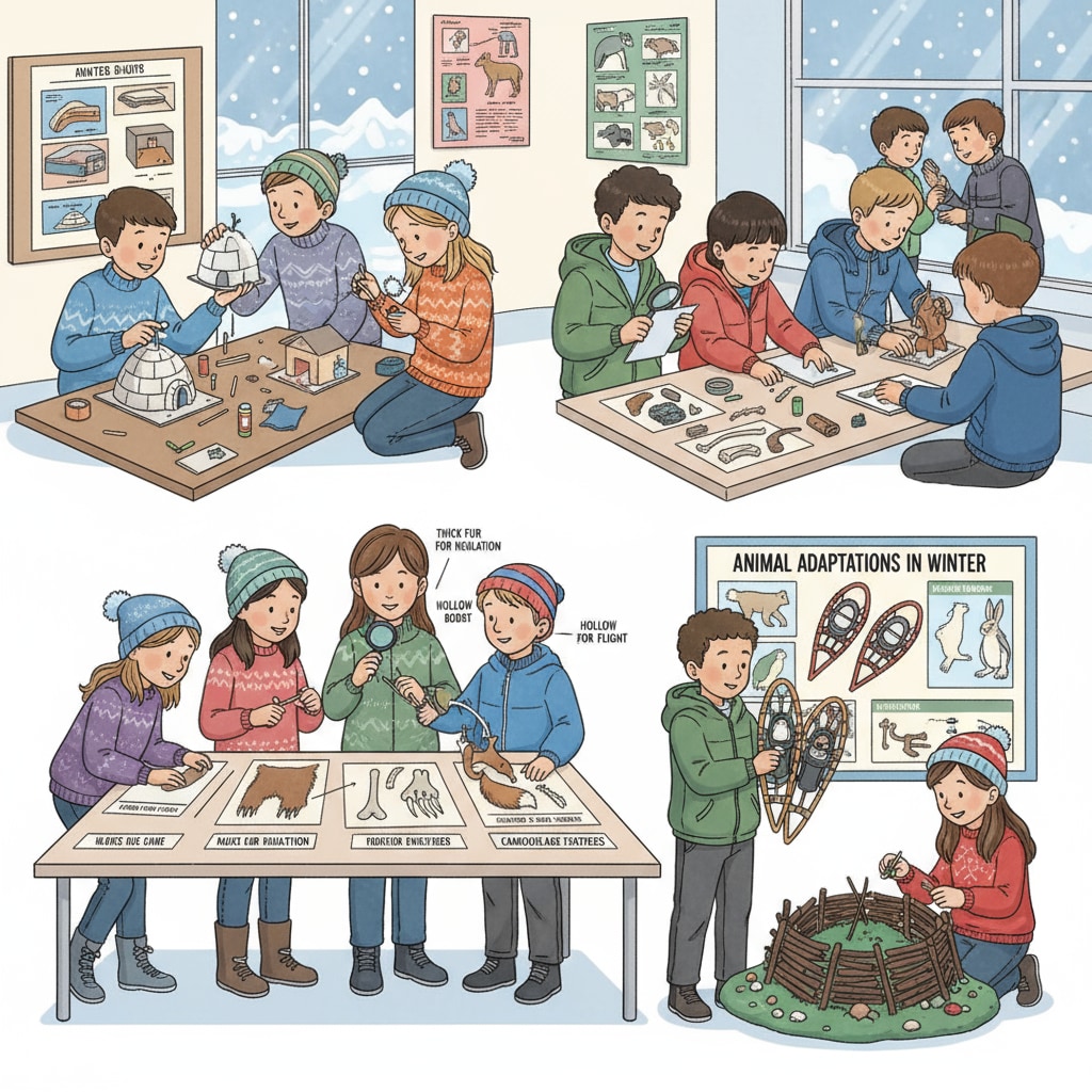 Students participating in hands-on activities in winter day camp on animal adaptations