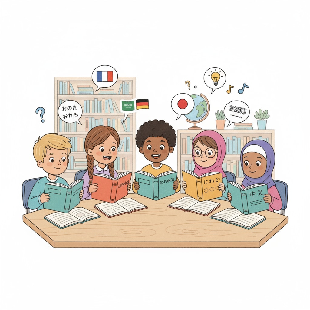 Kids engaged in language learning, exploring knowledge and cultural windows.